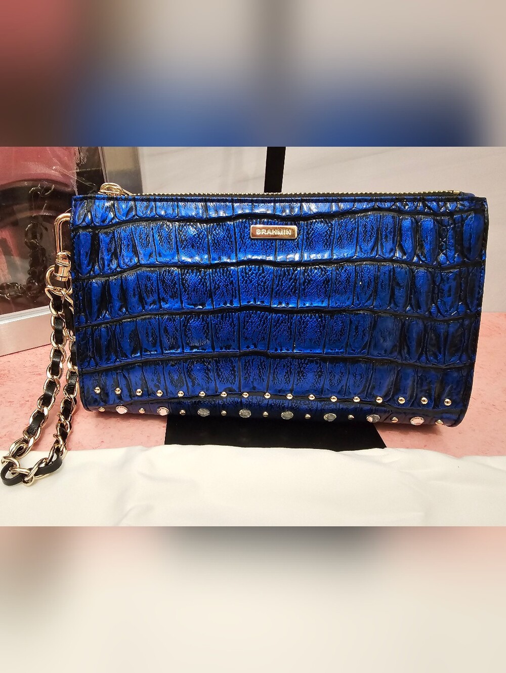 NWT Brahmin Daisy Vibrant Azure Grandeur Leather Crystal Chain Wristlet